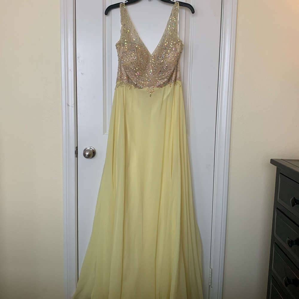 Pastel Yellow Prom Dress- Nude Beaded Top
